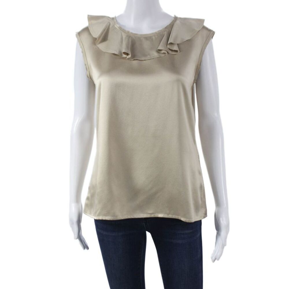 Lanvin Womens Basic Silk Sleeveless Round Neck Blouse Beige Pullover Size 38